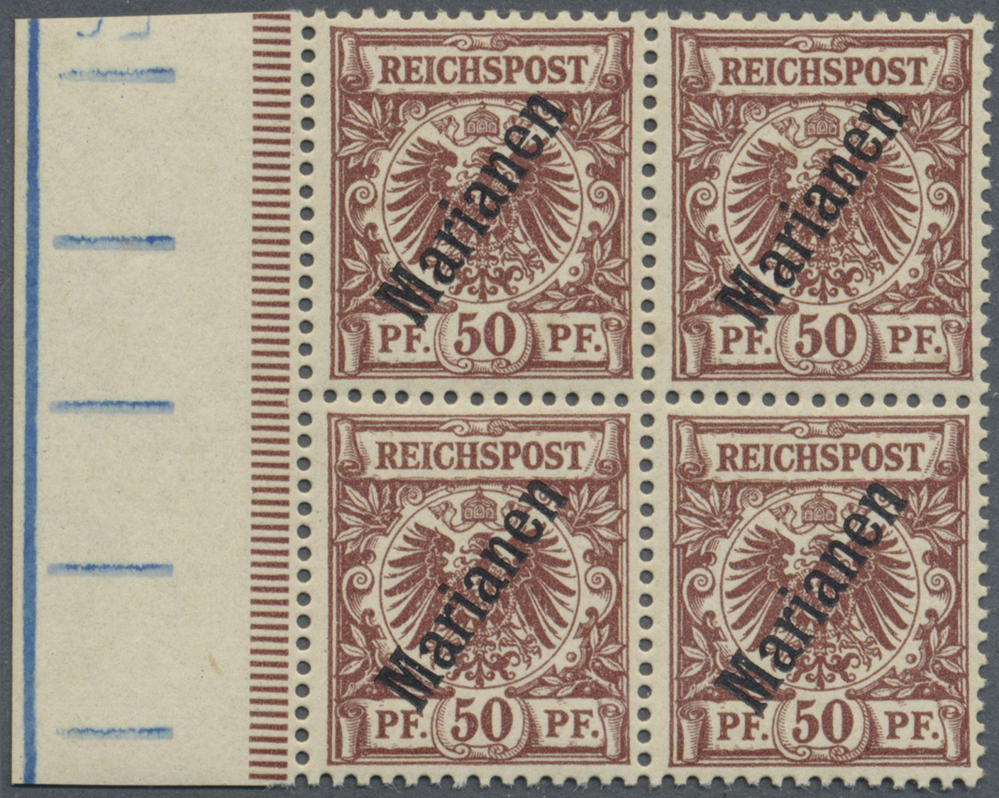 ** Deutsche Kolonien - Marianen: 1900, 50 Pf. Krone/Adler Mit Steilem Aufdruck Als Postfrischer 4-er Bl - Mariannes