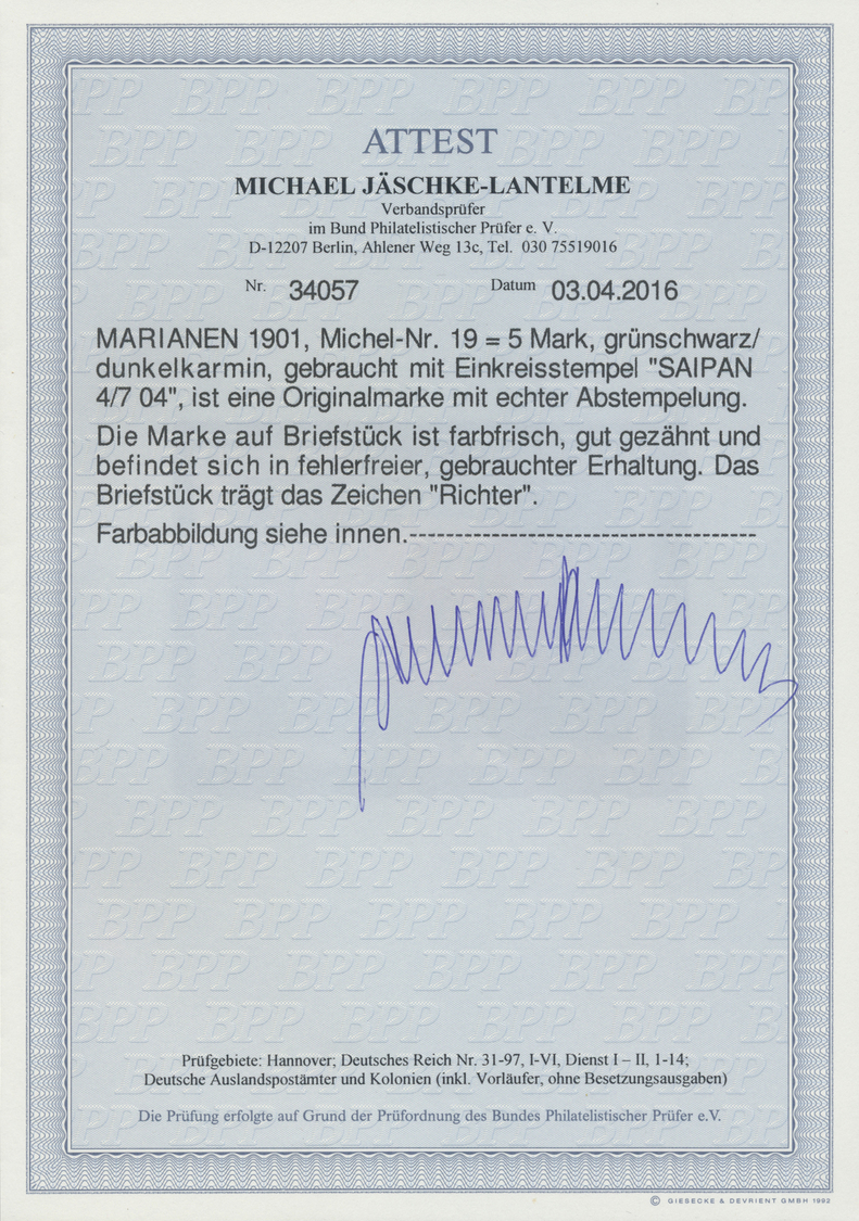 Brfst Deutsche Kolonien - Marianen: 1901, 5 Mark Schiffszeichnung Auf Luxus-Briefstück, Klar Entwertet "SA - Mariannes