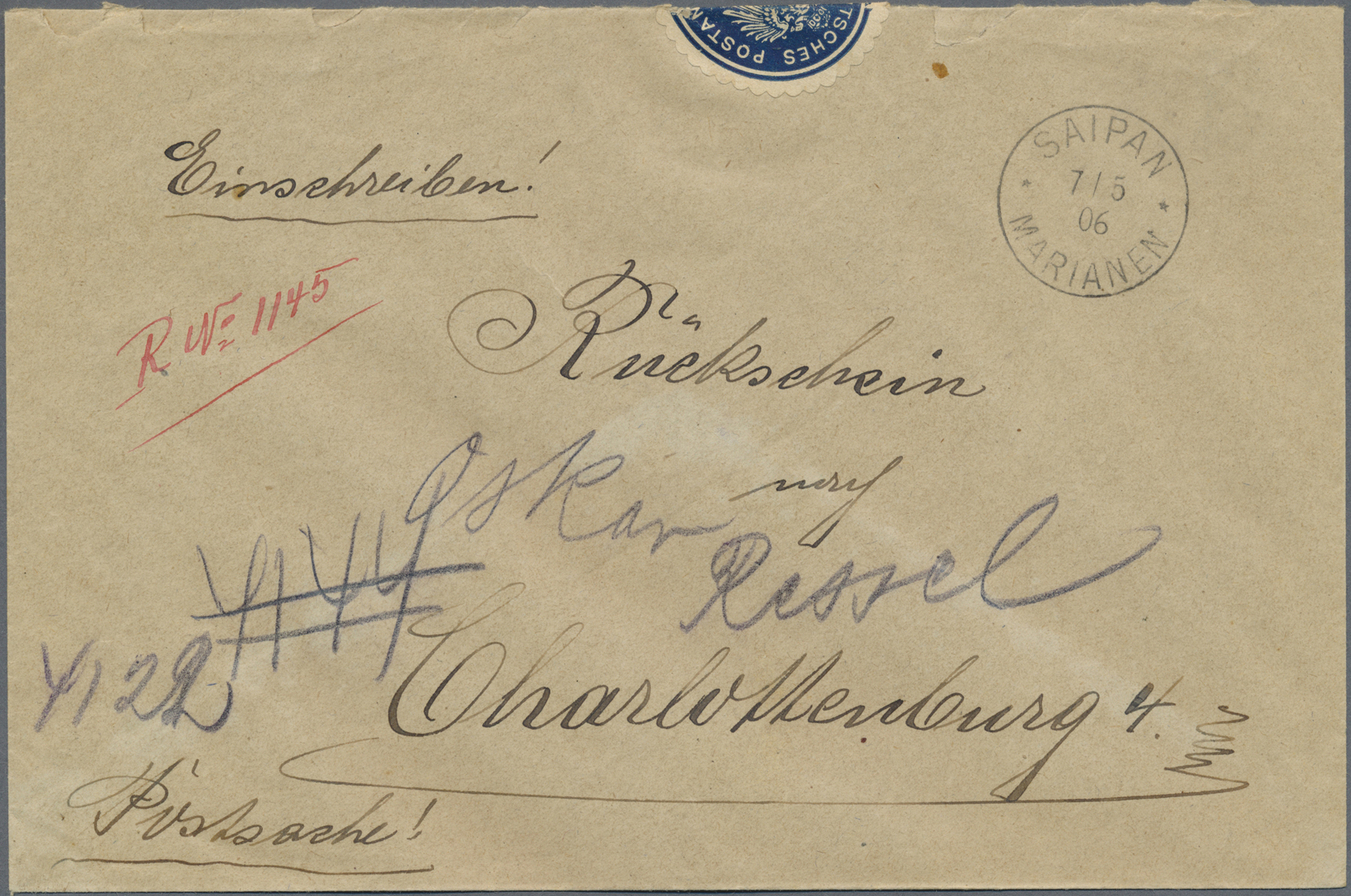 Br Deutsche Kolonien - Marianen: 1906 (7.5.), Postsache (Rücksendung Eines Rückscheines) Als R-Brief Na - Marianen