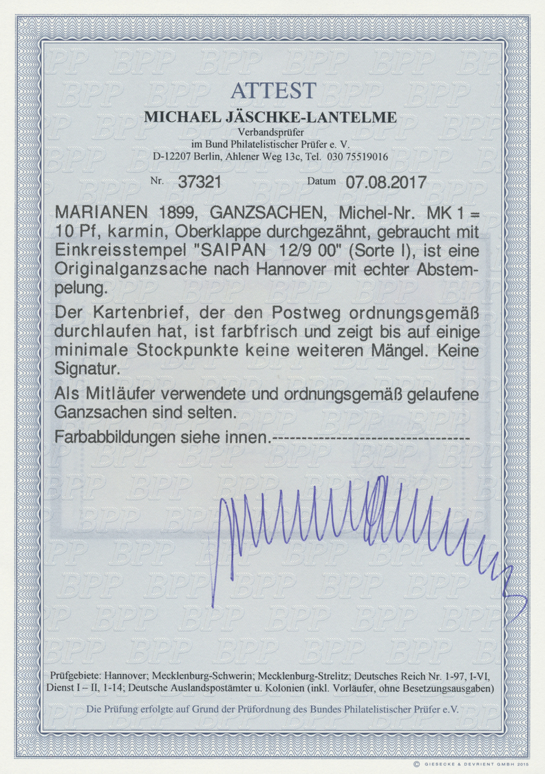GA Deutsche Kolonien - Marianen - Ganzsachen: 1900: 10 Pfg. Kartenbrief Des Deutschen Reiches (Mi. MK1) - Marianen