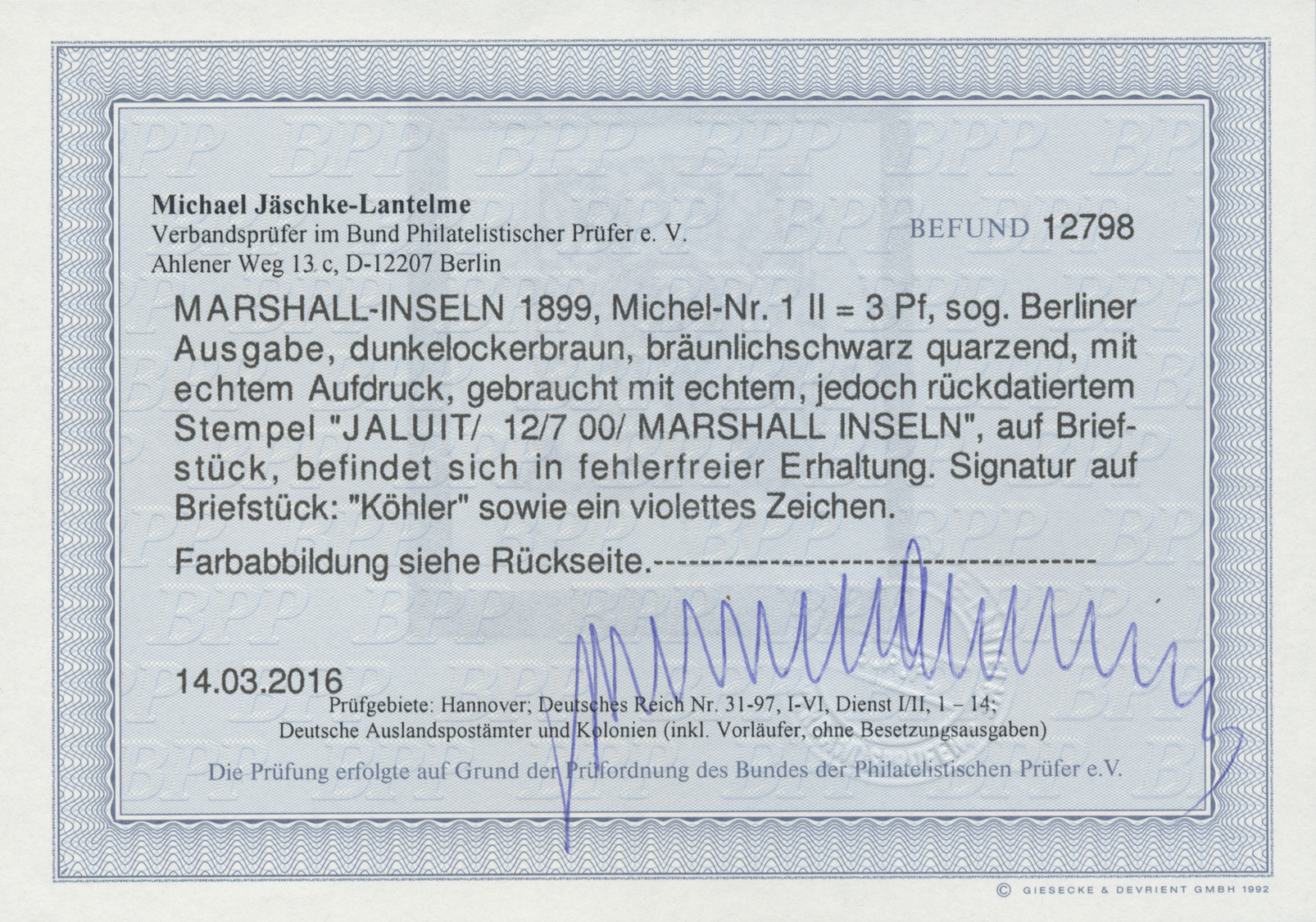 Brfst Deutsche Kolonien - Marshall-Inseln: 1899, Freimarke 3 Pf. Olivbraun, Berliner Ausgabe Auf Briefstüc - Marshalleilanden