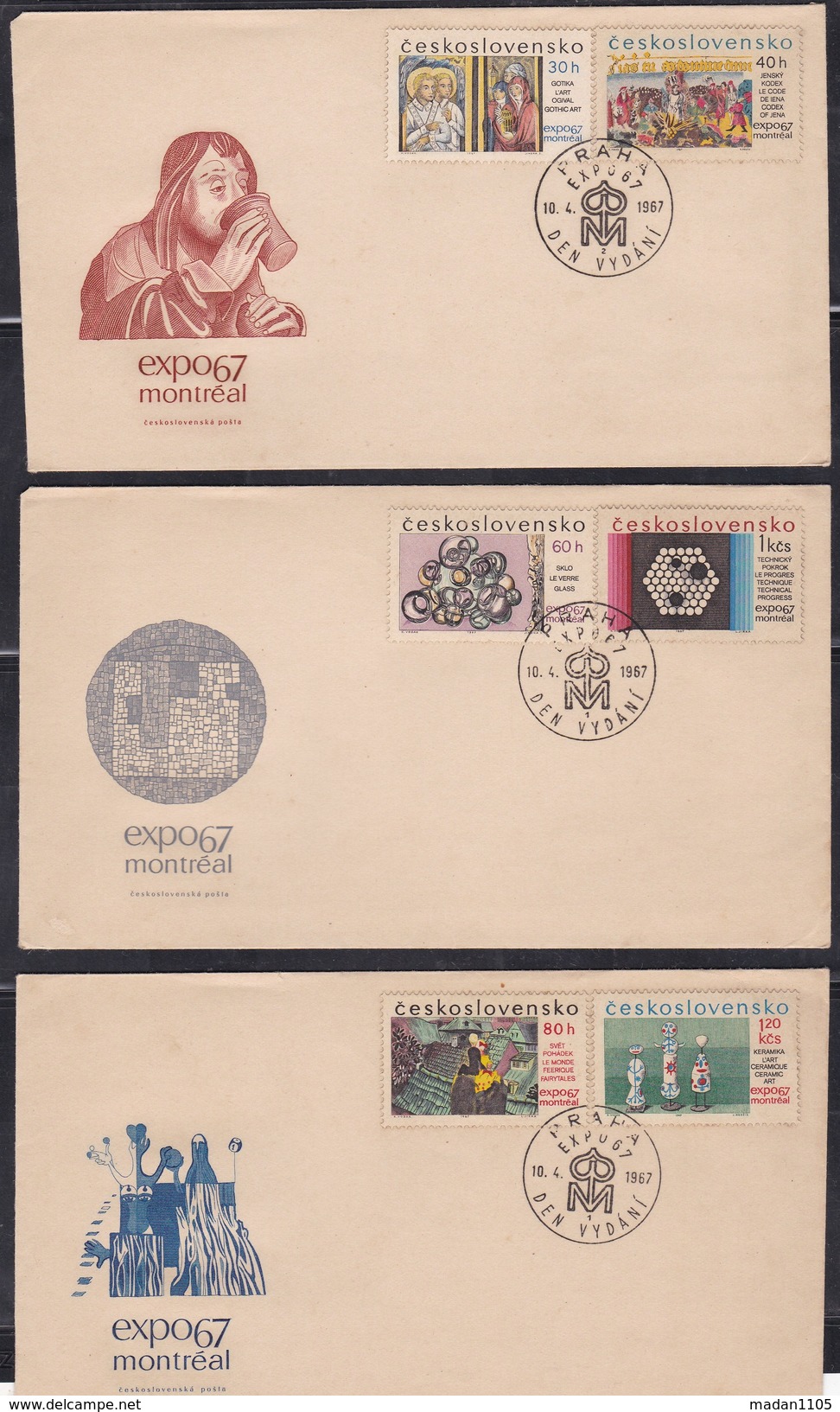 CZECHOSLOVAKIA, 1967, Set Of 3 FDC's,  World Fair, International Exhibition, Montreal, Set 6 V Complete - Briefe U. Dokumente