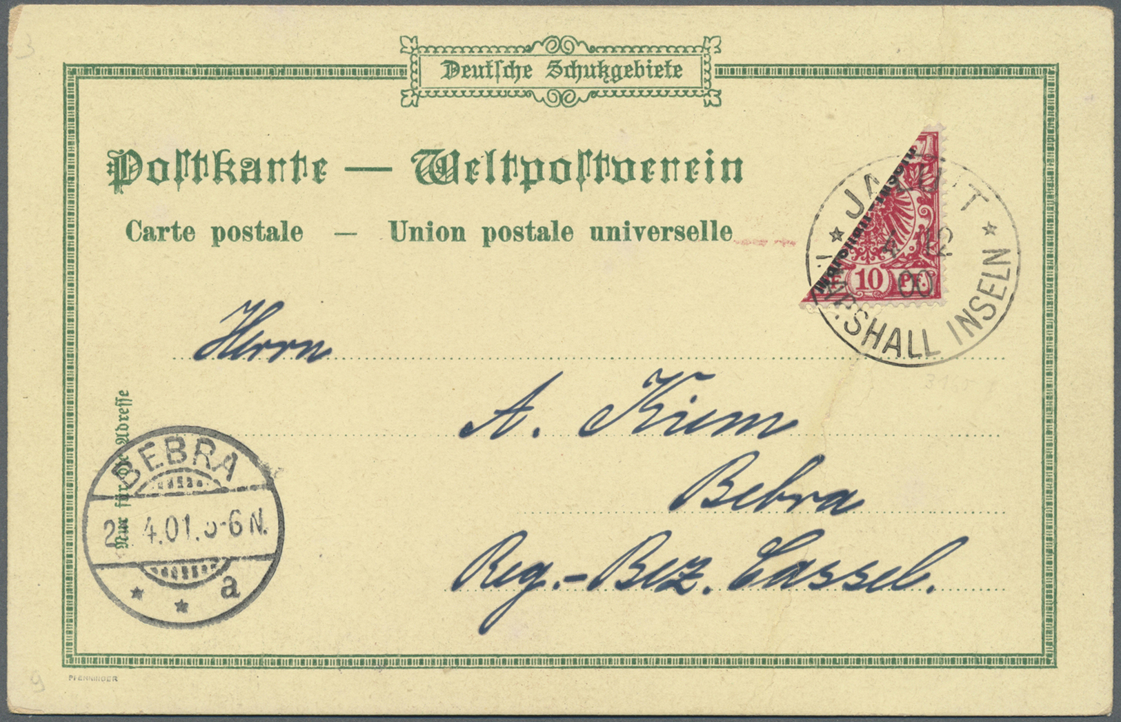 Br Deutsche Kolonien - Marshall-Inseln: 1900, 10 Pf Krone/Adler Aufdruckwert Diagonal Halbiert, Entwert - Marshalleilanden