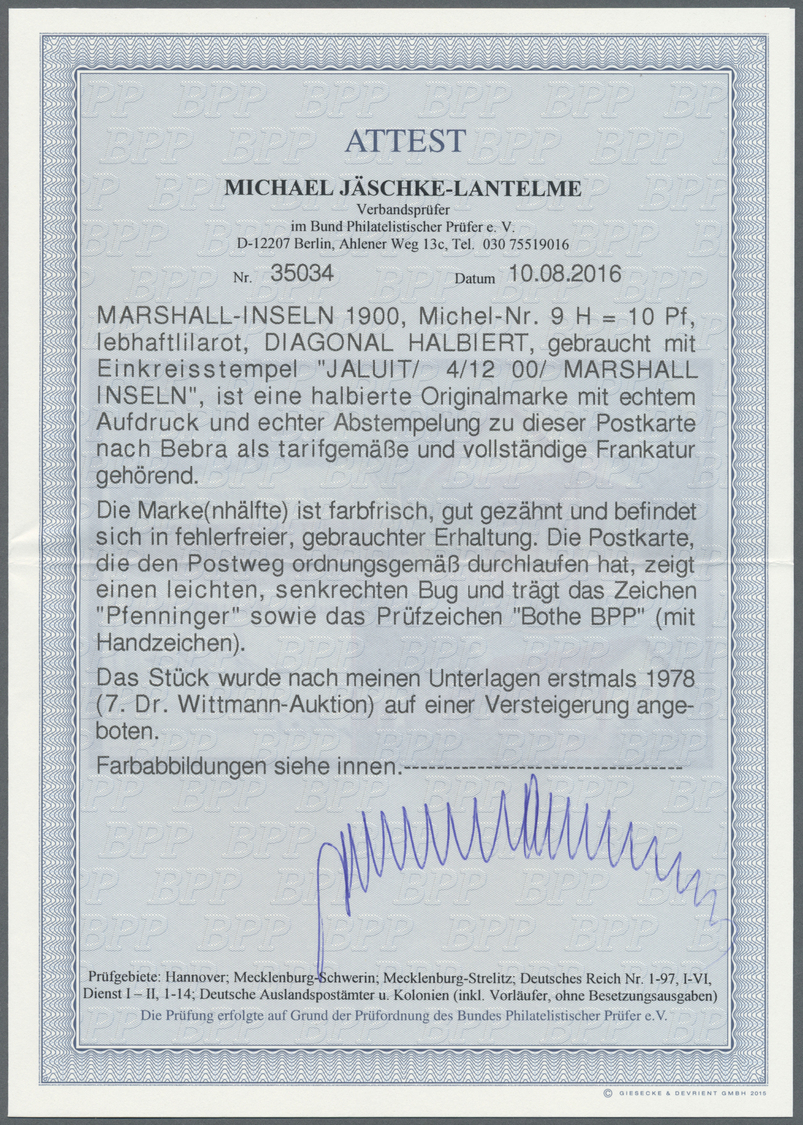 Br Deutsche Kolonien - Marshall-Inseln: 1900, 10 Pf Krone/Adler Aufdruckwert Diagonal Halbiert, Entwert - Marshall