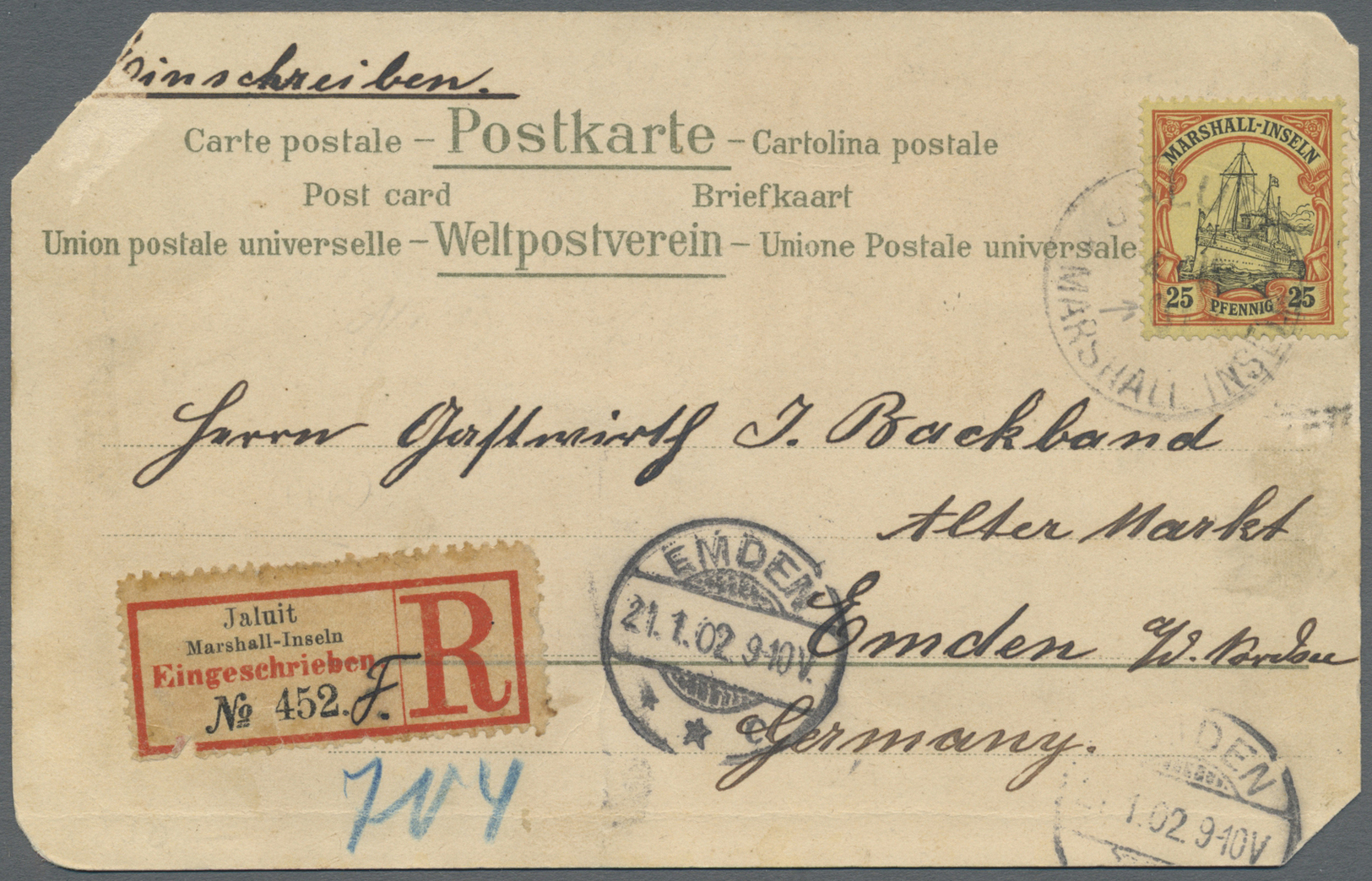 Br Deutsche Kolonien - Marshall-Inseln: 1901. Eingeschriebene Bildpostkarte Von 'Jokwe Tuk, Marshall In - Marshall