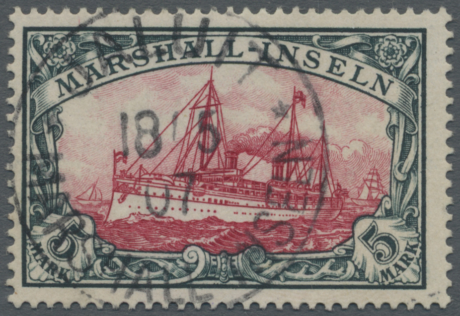 O Deutsche Kolonien - Marshall-Inseln: 1901 , 5 Mark "Schiff", Ideal Gest. "Jaluit 18.5.1907". Attest - Marshall Islands