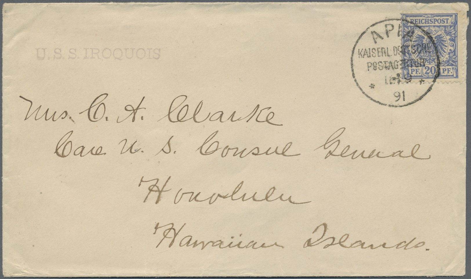 Br Deutsche Kolonien - Samoa - Vorläufer: 1891 (16.9.), 20 Pfg. Krone/Adler Mit Stempel "APIA KAISERL. - Samoa