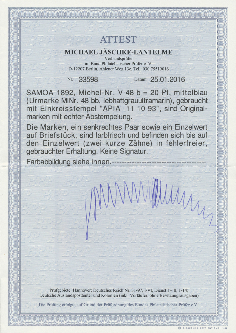 Brfst Deutsche Kolonien - Samoa - Vorläufer: 1897, 20 Pf. Mittelblau (Urmarke Mi.Nr. 48 Bb). Senkrechtes K - Samoa