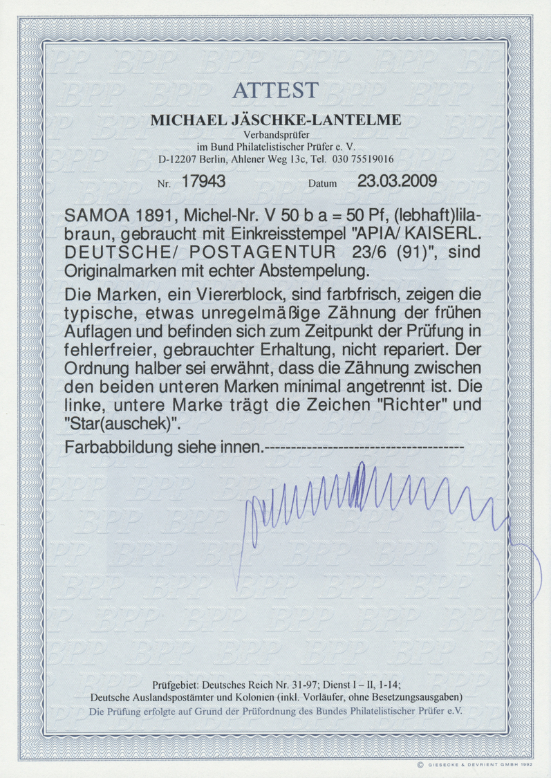 O Deutsche Kolonien - Samoa - Vorläufer: 1891 Attr. Viererblock Mit Zentrischem Stempel APIA Mit Stern - Samoa