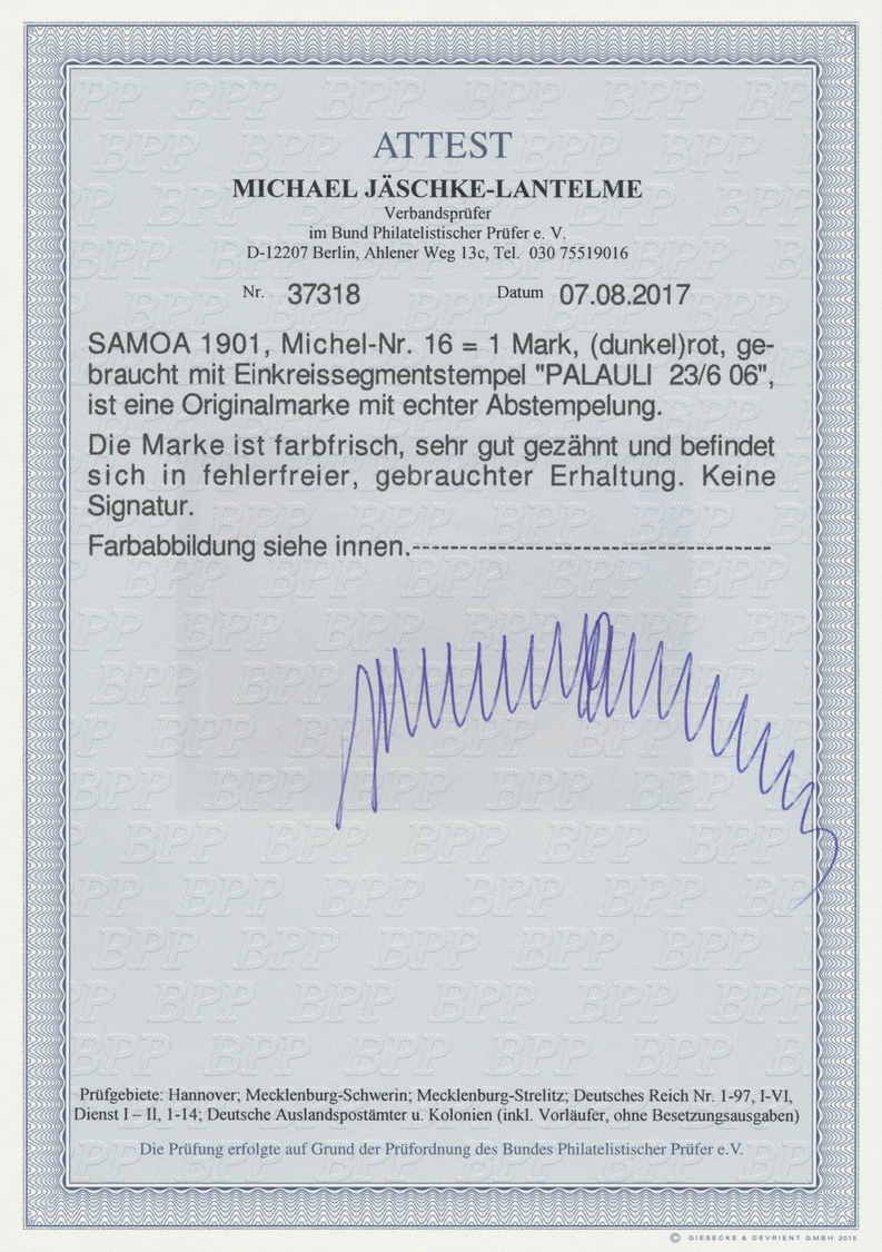 O Deutsche Kolonien - Samoa: 1901, 1 Mark "Schiff", Mit Seltener Abstempelung " Palauli 23.6.1906". (H - Samoa