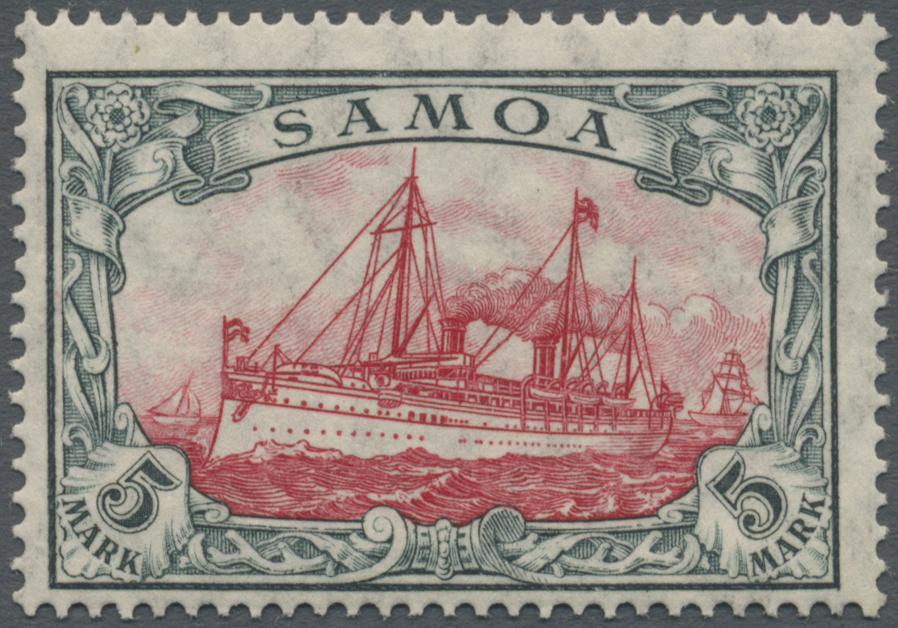 ** Deutsche Kolonien - Samoa: 1915:  5 Mark "Schiff" Friedensdruck In A-Zähnung, Postfrisch, Befund Jäs - Samoa