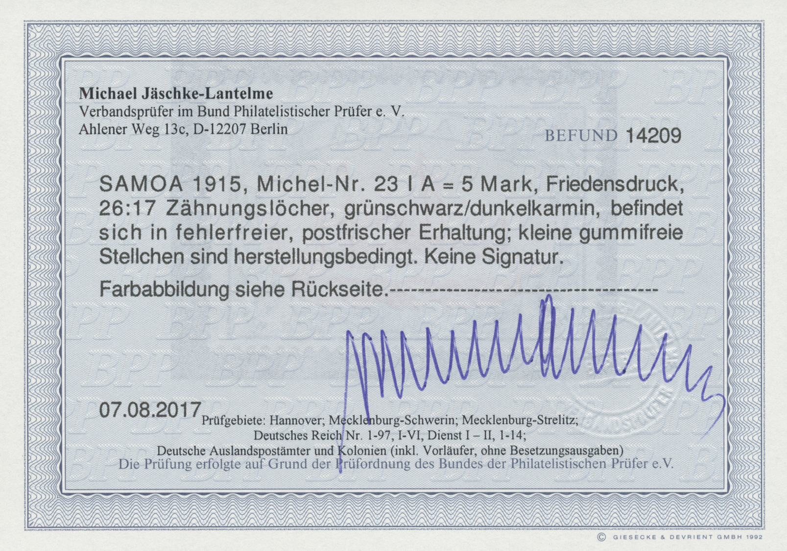 ** Deutsche Kolonien - Samoa: 1915:  5 Mark "Schiff" Friedensdruck In A-Zähnung, Postfrisch, Befund Jäs - Samoa