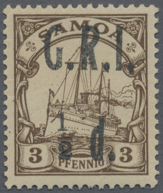 ** Deutsche Kolonien - Samoa - Britische Besetzung: 1914: ½ D. Auf 3 Pfg. Braun, Plattenfehler: &bdquo;Komma - Samoa