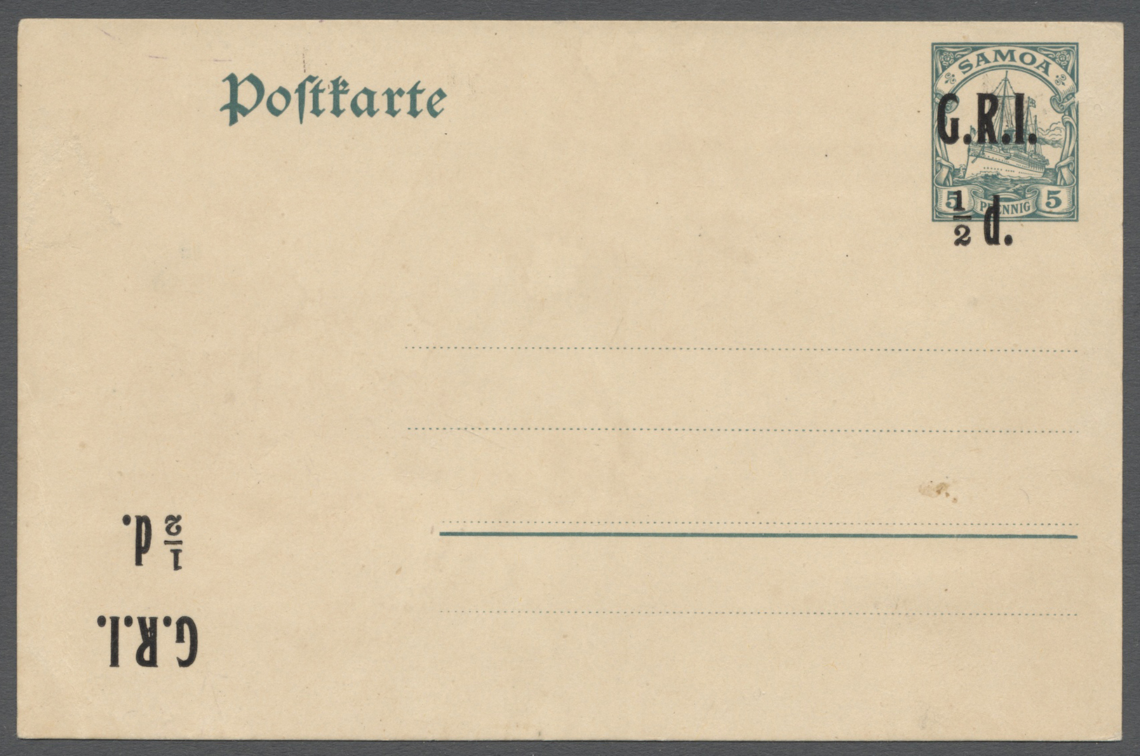 GA Deutsche Kolonien - Samoa - Britische Besetzung - Ganzsachen: 1914, Postkarte 5 Pf Schiffstype Mit D - Samoa