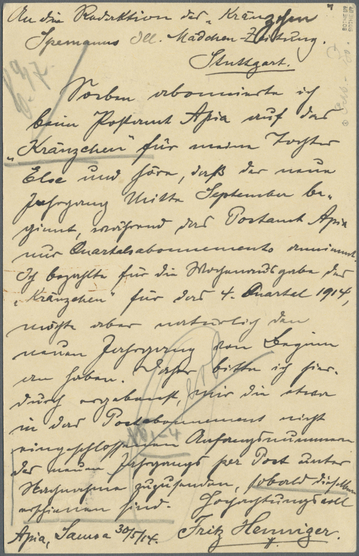 GA Deutsche Kolonien - Samoa - Ganzsachen: 1914, 5 Pfg. GA-Karte (Vordruck Nur "Postkarte" Mit Rautenwa - Samoa