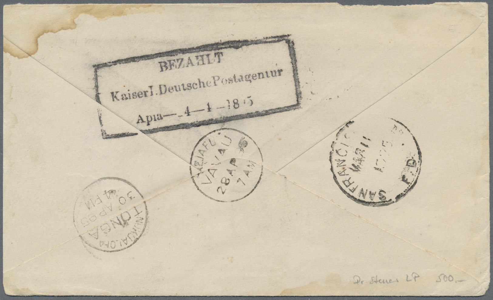 Br Deutsche Kolonien - Samoa - Stempel: "BEZAHLT Kaiserl. Deutsche Postagentur Apia-- _4--4--1895" Selt - Samoa