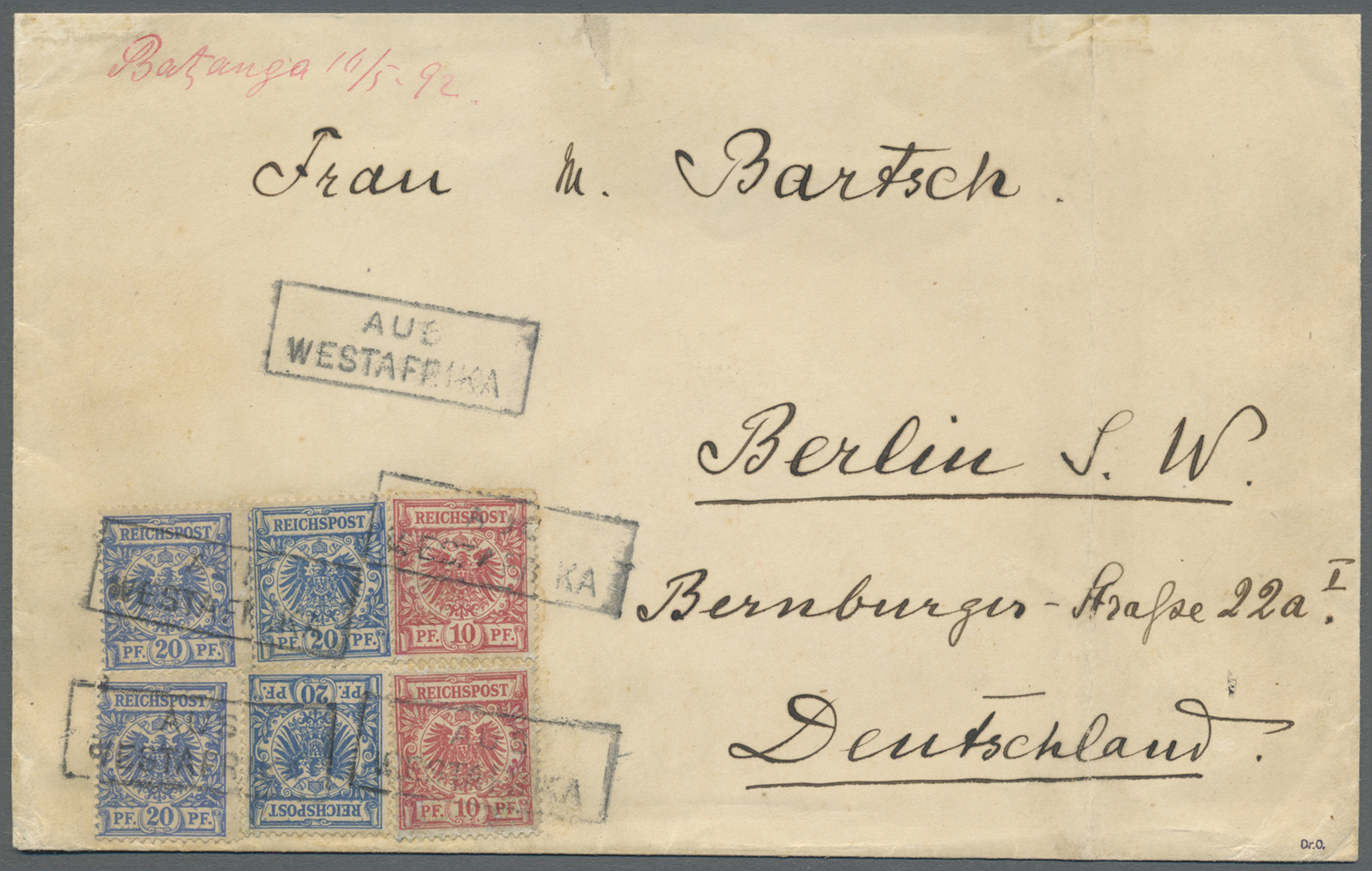 Br Deutsche Kolonien - Togo-Vorläufer: 1892. Brief (oben Mgl./beschnitten) Mit Hands. Aufgabevermerk "B - Togo