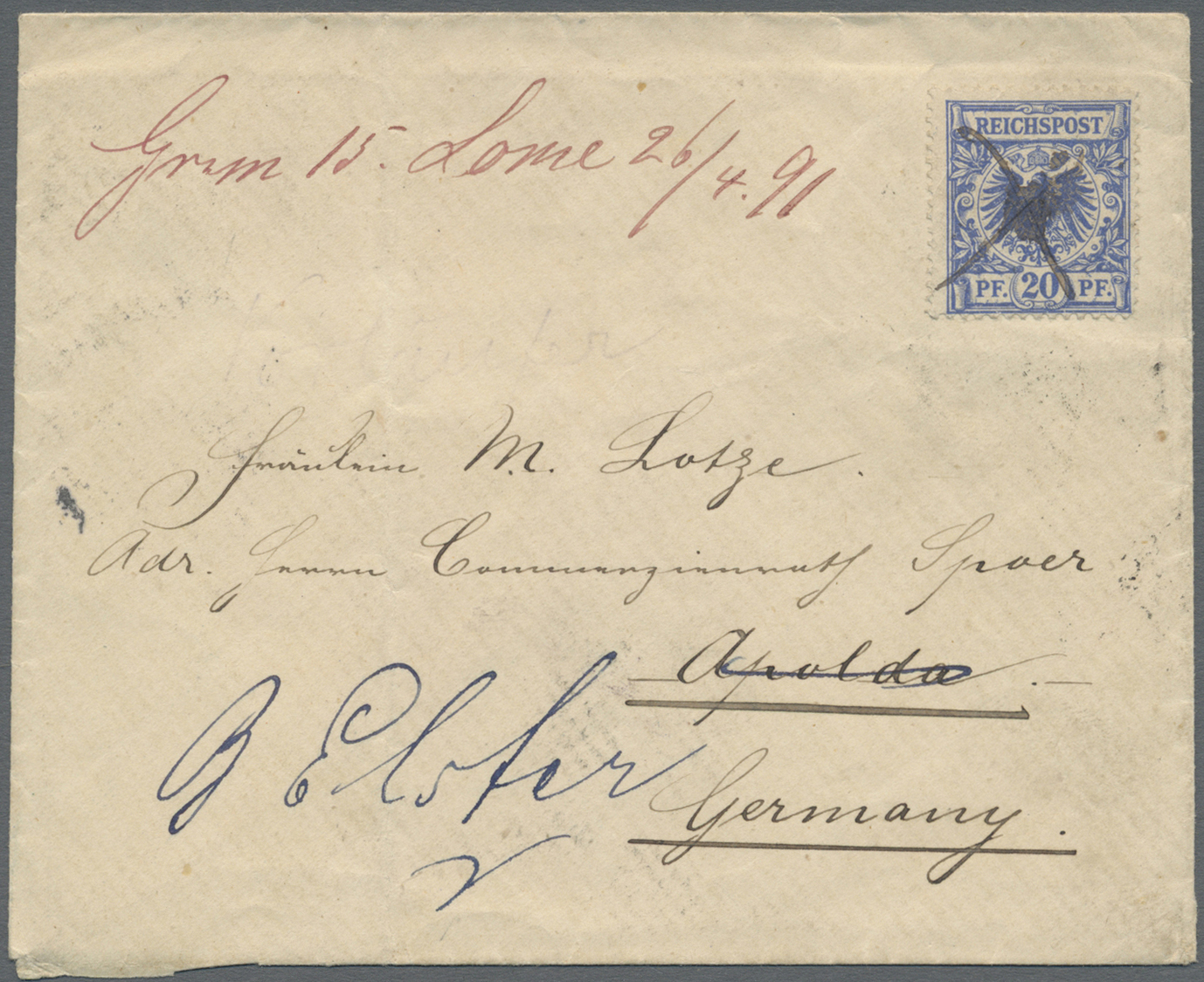 Br Deutsche Kolonien - Togo: 1891. Brief Mit 20 Pf Krone/Adler, Entwertet Mit Hands. Federkreuz Und Neb - Togo