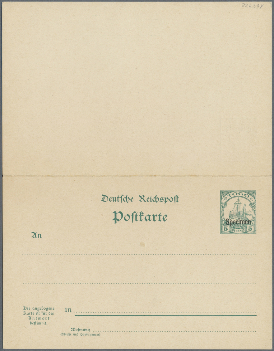 GA Deutsche Kolonien - Togo - Ganzsachen: 1900, Schiffszeichnung 5 Pf/5 Pf, Ungebr. Doppelkarte Mit Auf - Togo