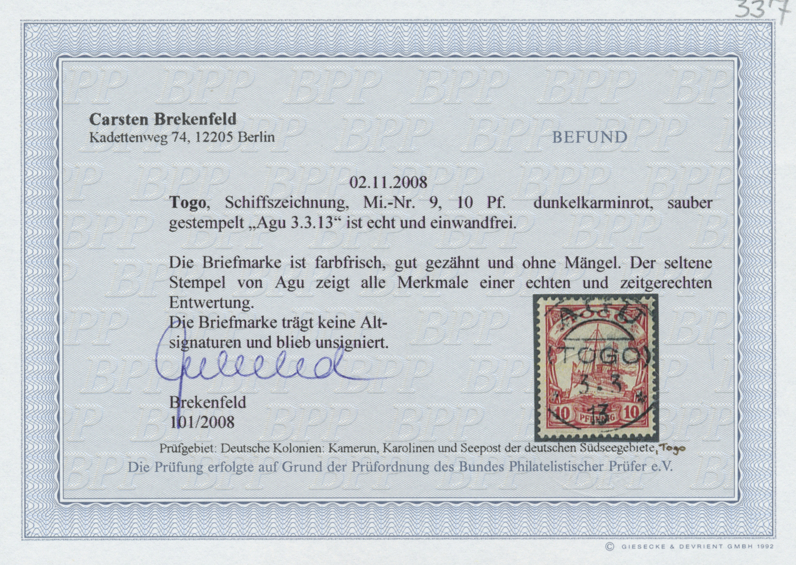 O Deutsche Kolonien - Togo - Stempel: AGU 3.3.13, Zentrischer Abschlag Auf 10 Pfg., Fotobefund Brekenf - Togo
