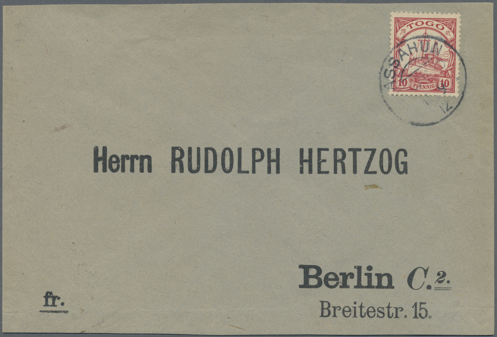 Br Deutsche Kolonien - Togo - Stempel: "ASSAHUN TOGO 11.9.12", Recht Klar Auf 10 Pfg. Kaiseryacht Auf A - Togo