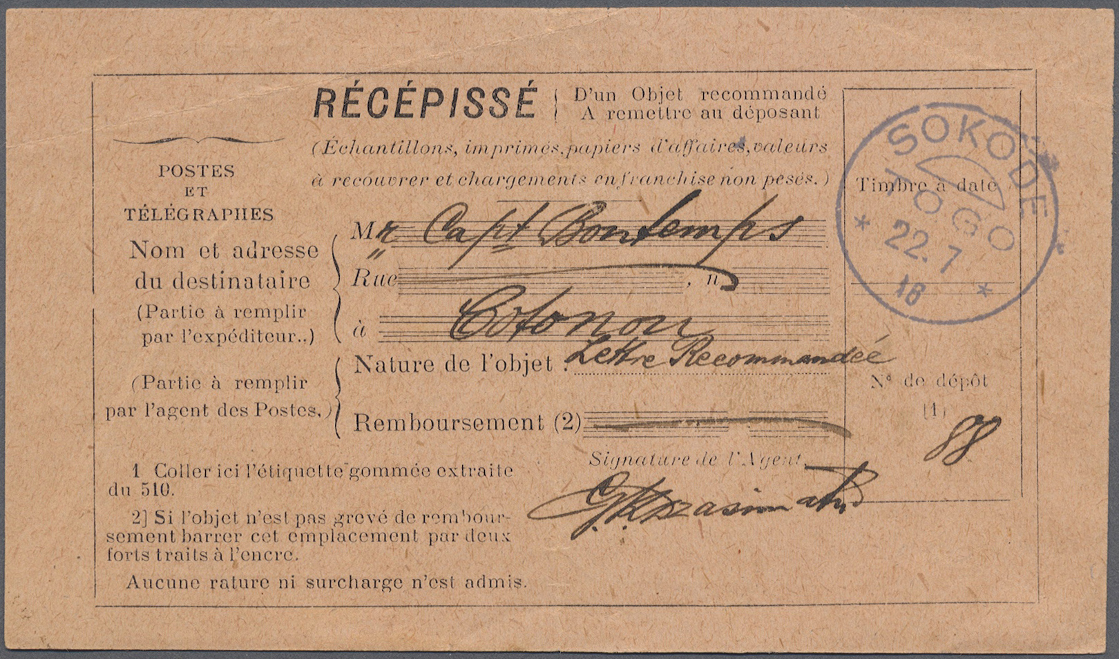 Br Deutsche Kolonien - Togo - Stempel: 1916: "SOKODE TOGO 22. 7. 16" In Blau Auf Recepisse Eines R-Brie - Togo