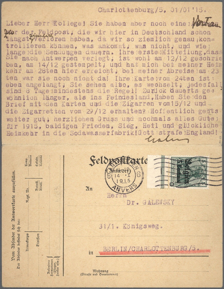 GA Deutsche Besetzung I. WK: Landespost In Belgien: 1915, Zusammenhängende FELDPOST FRAGE UND ANTWORT-K - Bezetting 1914-18