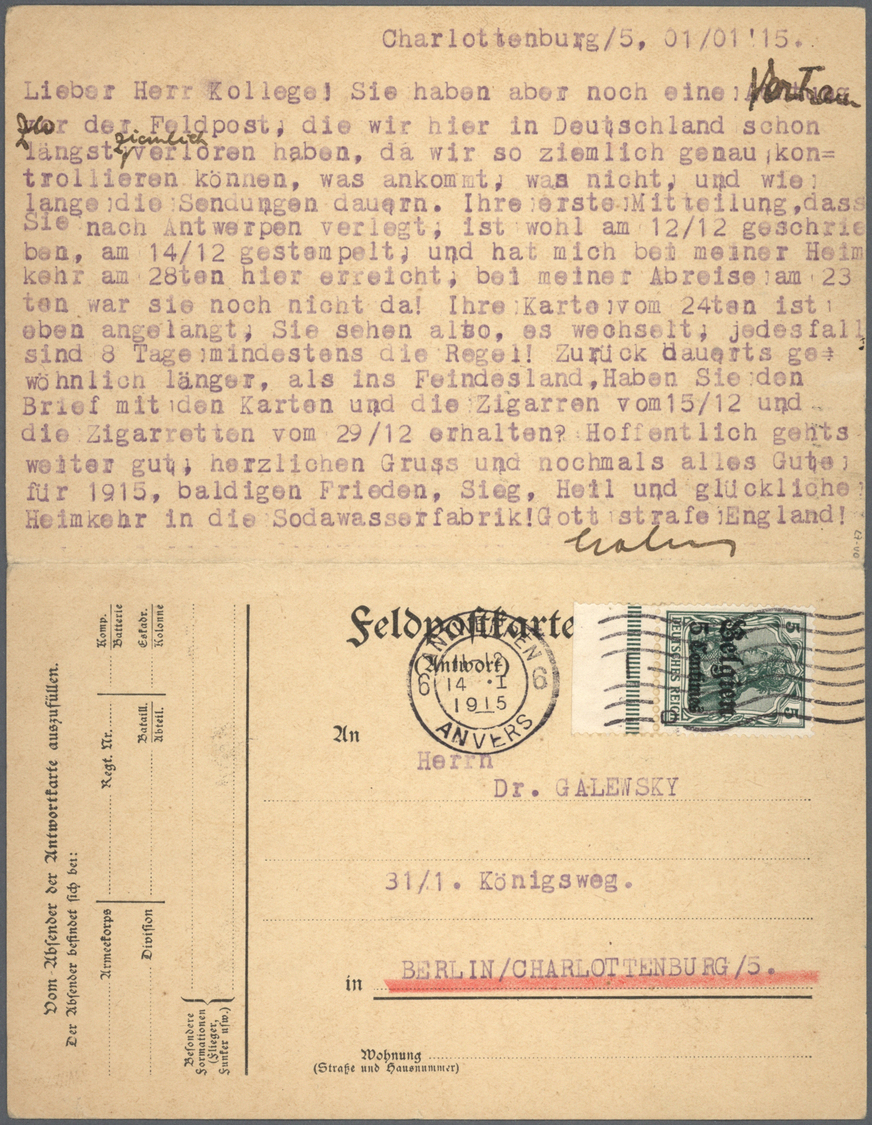 GA Deutsche Besetzung I. WK: Landespost In Belgien: 1915, Zusammenhängende FELDPOST FRAGE UND ANTWORT-K - Occupation 1914-18