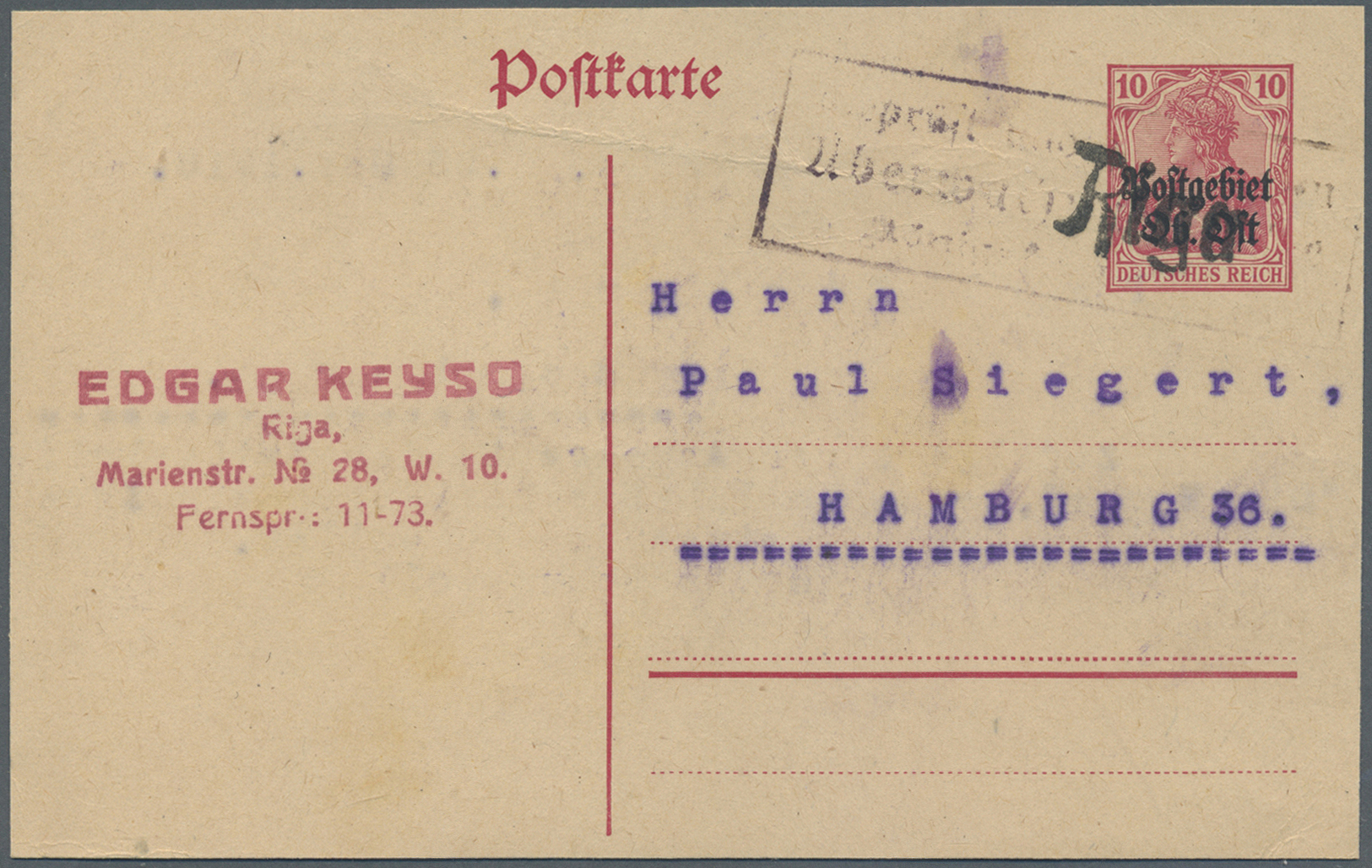 GA Deutsche Besetzung I. WK: Postgebiet Ober. Ost: 1918, 10 Pf Aufdruck-Ganzsachenkarte Mit Ra3-Überwac - Occupation 1914-18