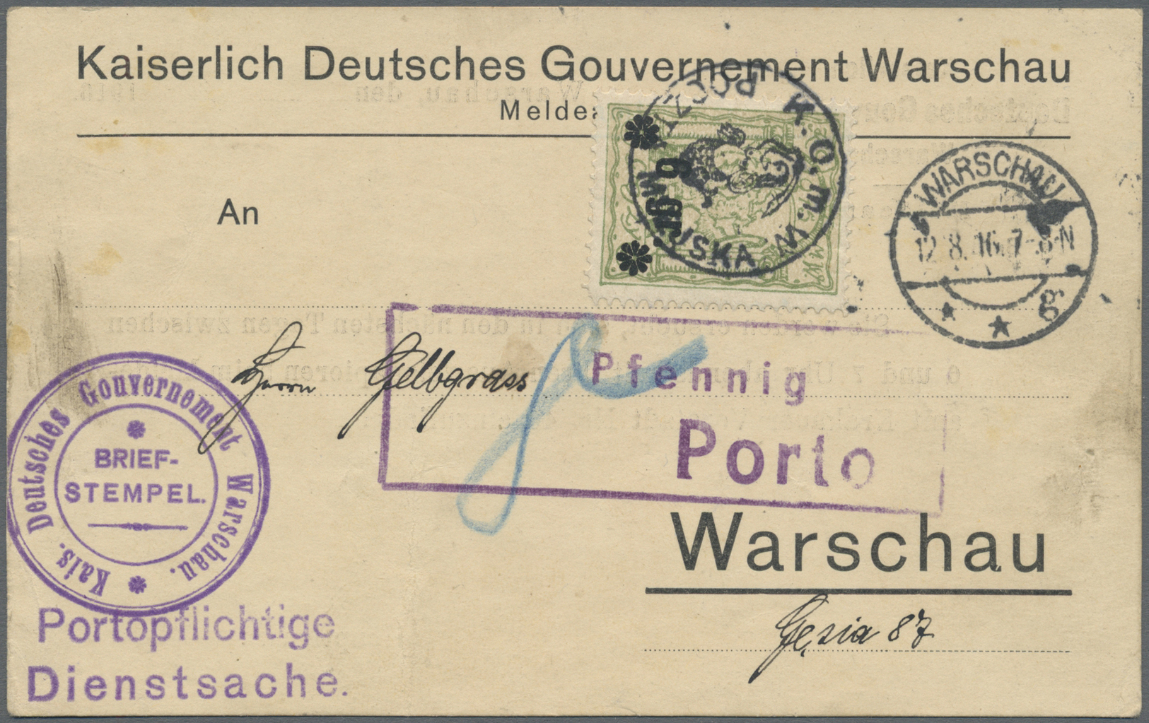 Br/GA Deutsche Besetzung I. WK: Deutsche Post In Polen - Lokalpost: 1916, WARSCHAU: 6 Gr Auf 5 Gr Gelblich - Occupation 1914-18