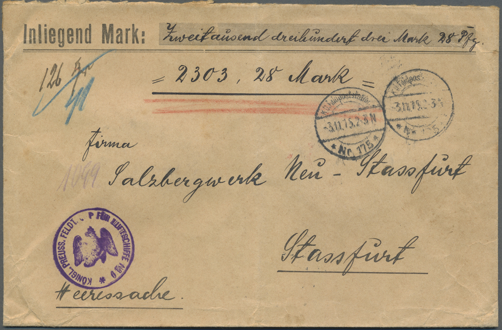 Br Feldpost 1. Weltkrieg: 1915, 3.11., Deutsches Reich, Briefstempel "Königl.Preuss.Feldtrupp Für Lufts - Autres & Non Classés