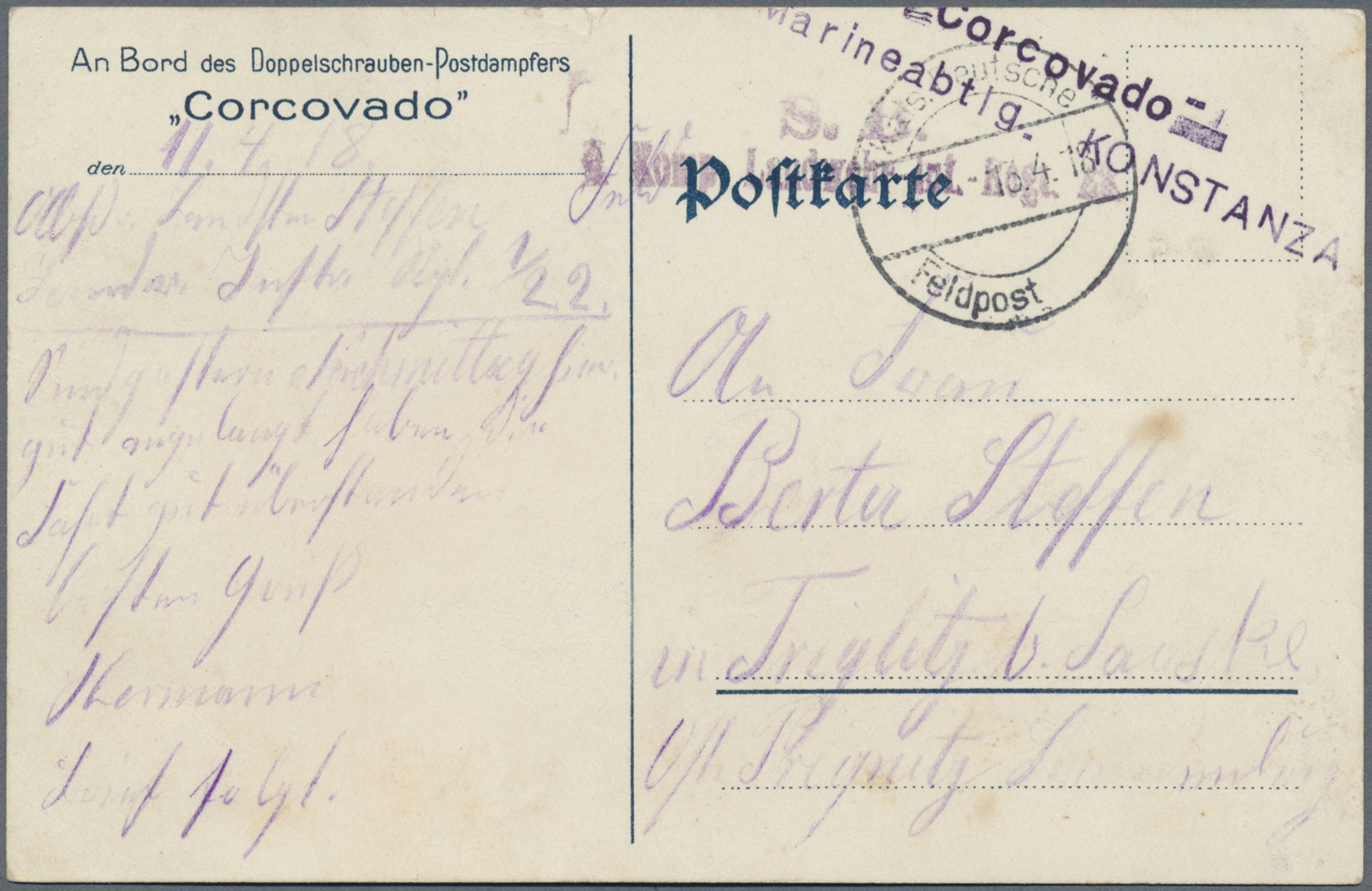 Br Feldpost 1. Weltkrieg: 1918 (13.4.), Tarnstempel "Kais.Deutsche Feldpost" (Dr. Feldpost 258/Konstanz - Autres & Non Classés