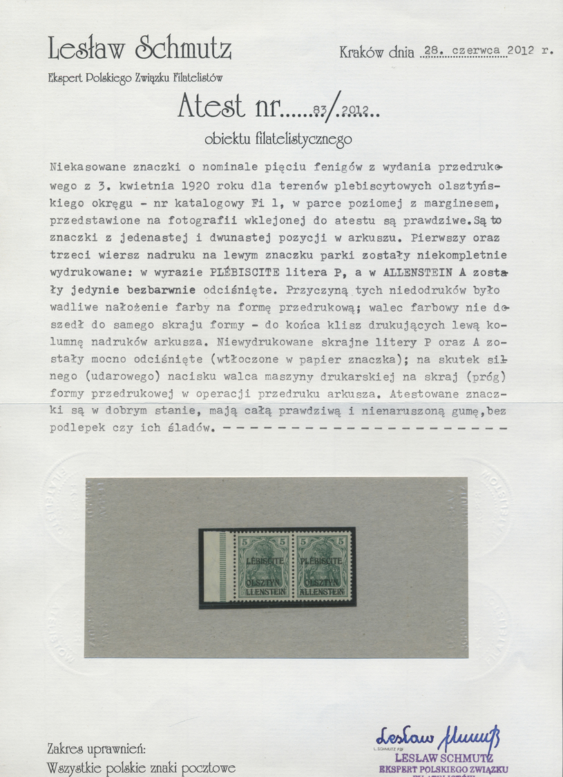 ** Deutsche Abstimmungsgebiete: Allenstein: 1920, 5 Pfg. Aufdruck-Ausgabe Im Waagerechten Paar Mit Rand - Sonstige & Ohne Zuordnung