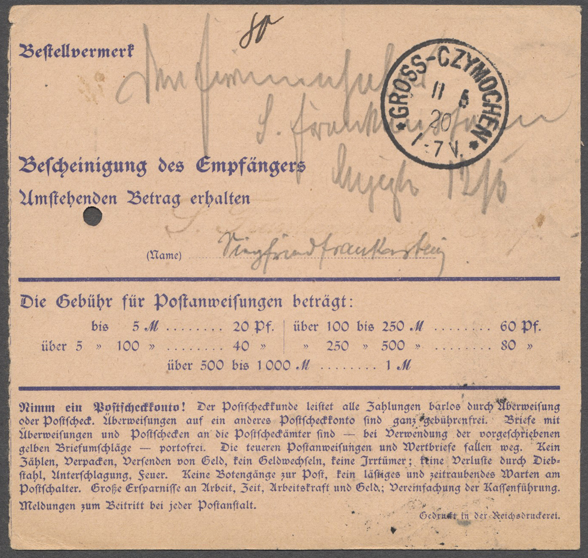 GA Deutsche Abstimmungsgebiete: Allenstein - Ganzsachen: 1920: Postanweisung 20 Pfg. Violettblau  Mit Z - Autres & Non Classés