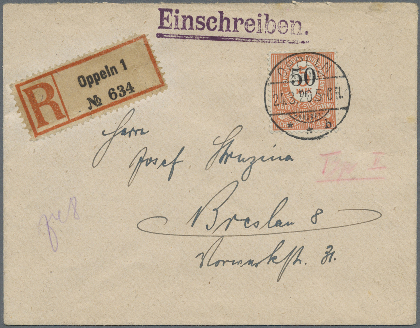 Br Deutsche Abstimmungsgebiete: Oberschlesien: 1920, 50 Pf. Auf 5 M. Orange Mit Aufdrucktype IVa Als Po - Autres & Non Classés