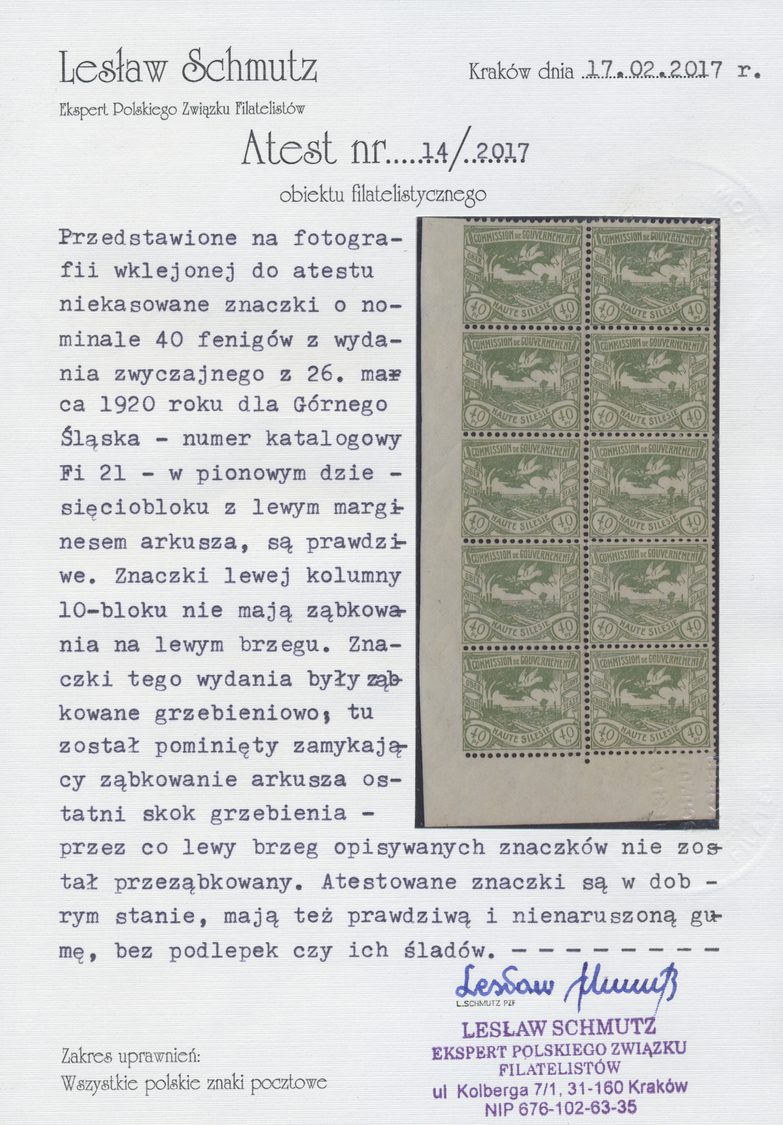 **/* Deutsche Abstimmungsgebiete: Oberschlesien: 1920, 40 Pfg. Freimarke Linke Ungezähnt, Senkrechte 10er - Andere & Zonder Classificatie