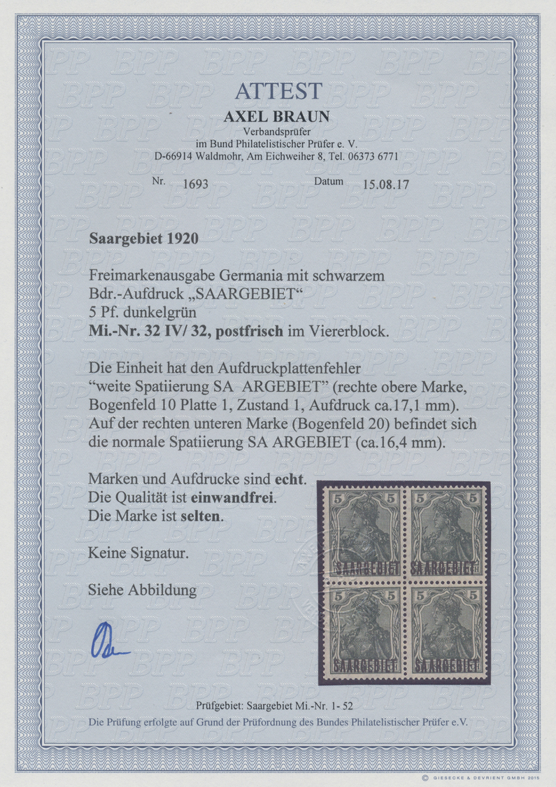 **/ Deutsche Abstimmungsgebiete: Saargebiet: 1920, 5 Pf Germania Im Postfrischen Viererblock Mit Aufdruc - Andere & Zonder Classificatie