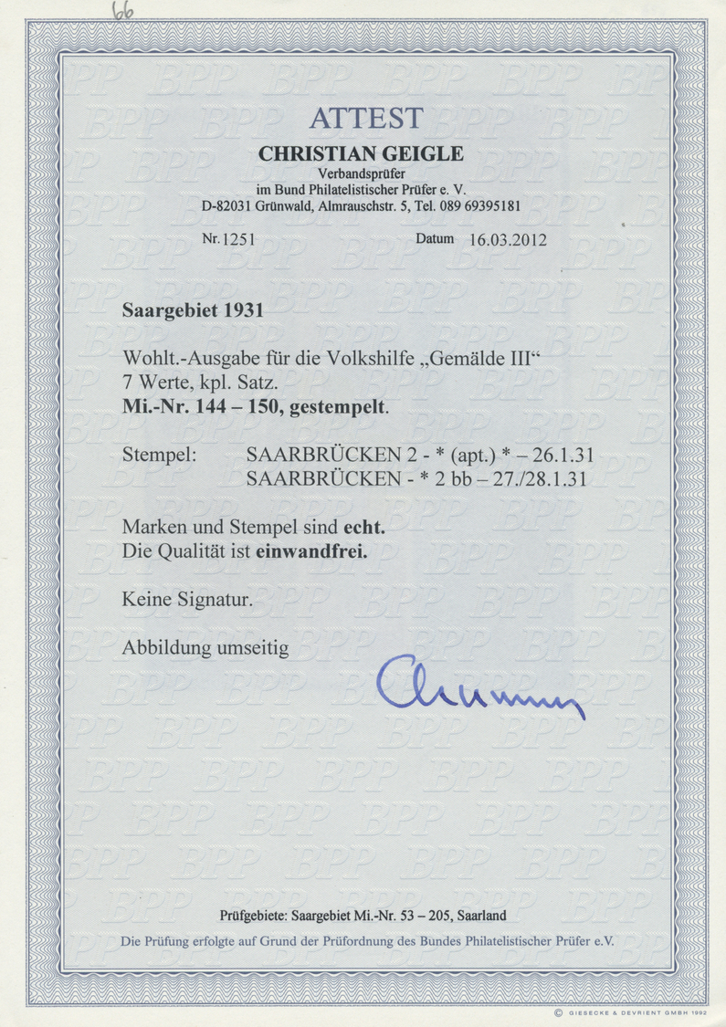 O Deutsche Abstimmungsgebiete: Saargebiet: 1931, Gemälde III, Sauber Gestempelt Saarbrücken, Attest Ge - Andere & Zonder Classificatie