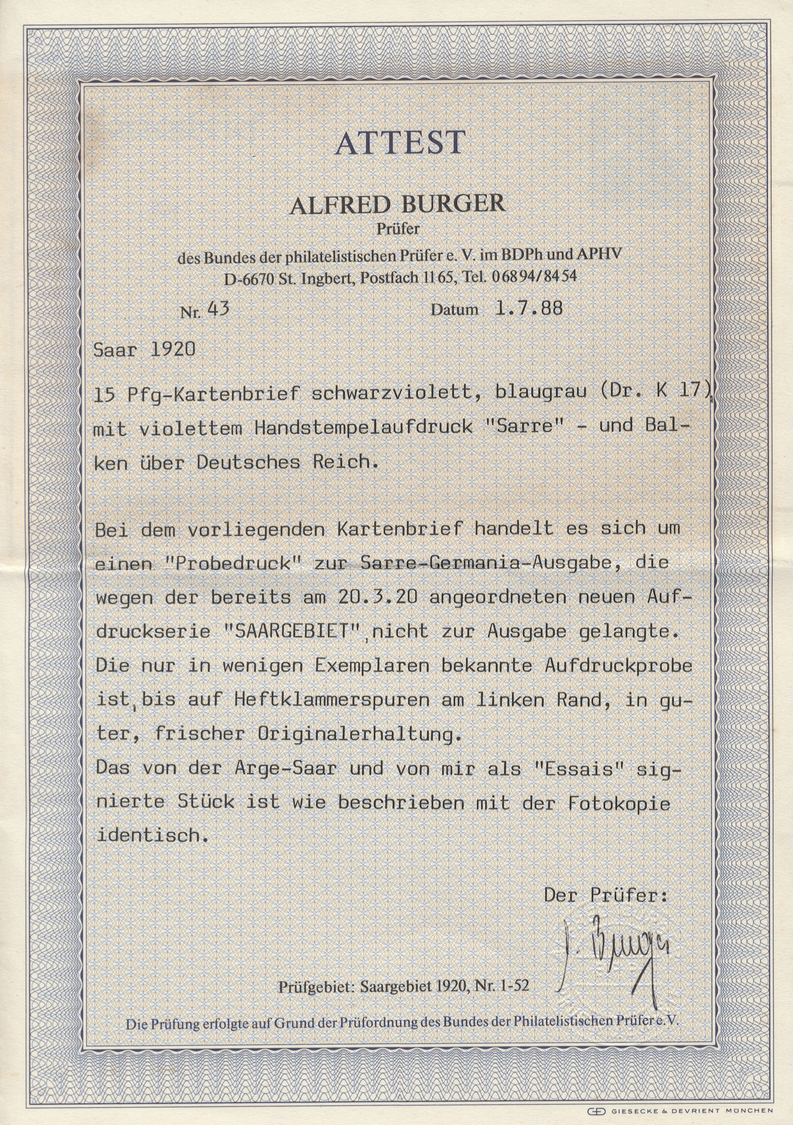 GA Deutsche Abstimmungsgebiete: Saargebiet - Ganzsachen: 1920, Deutsches Reich Kartenbrief 15 Pf German - Postwaardestukken