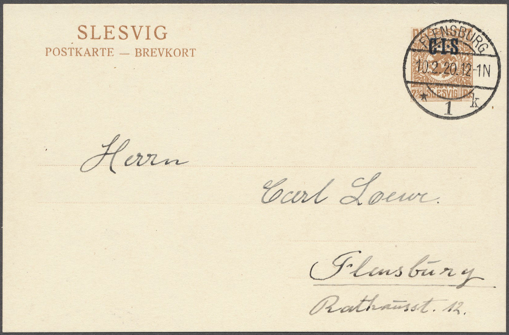 GA Deutsche Abstimmungsgebiete: Schleswig: 1920: Postkarte 7 ½ Pfg., Perfekter DB "FLENSBURG 1k 10/2/20 - Autres & Non Classés