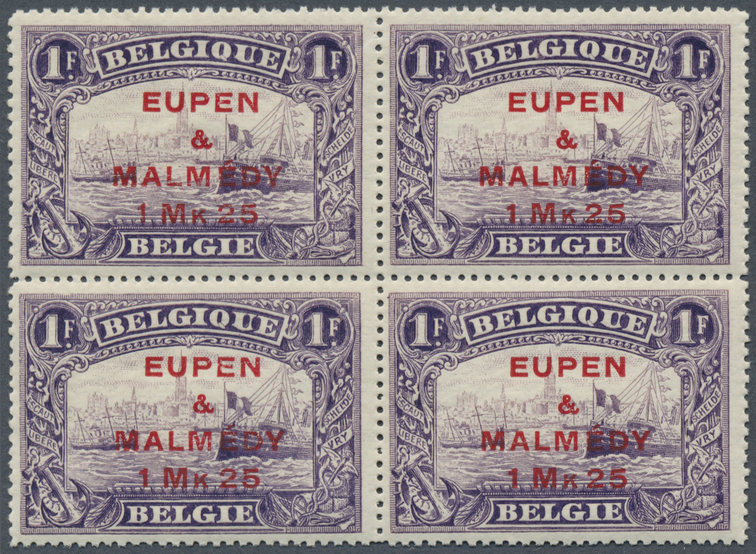 **/ Belgische Besetzung - Eupen Und Malmedy: 1920, 1 Mk. 25 Auf 1 Fr Im Postfrischen Viererblock In Der - OC38/54 Belgische Bezetting In Duitsland