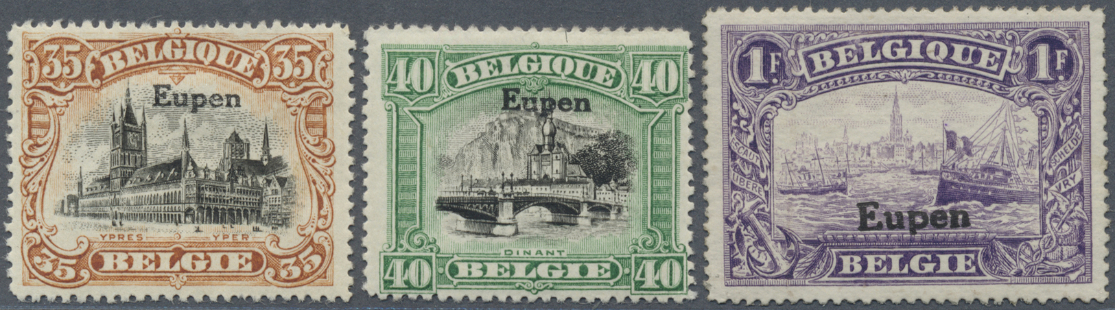 * Belgische Besetzung - Eupen: 1920, Freimarken Von Belgien Mit Aufdruck "Eupen": 35 C, 40 C Und 1 Fr, - OC38/54 Occupation Belge En Allemagne