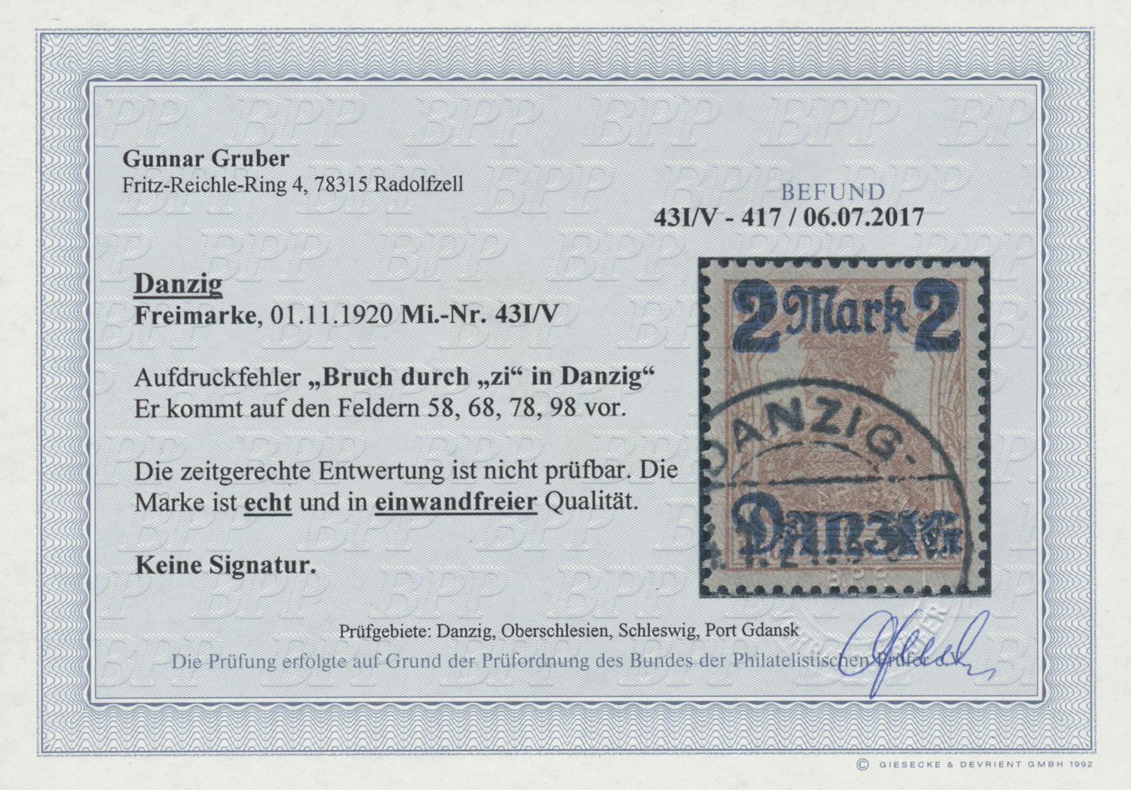 O Danzig: 1920, 2 M. Auf 35 Pf. Gestempelt Mit Aufdruckfehler Bruch Durch "zi" In Danzig, Einwandfreie - Andere & Zonder Classificatie