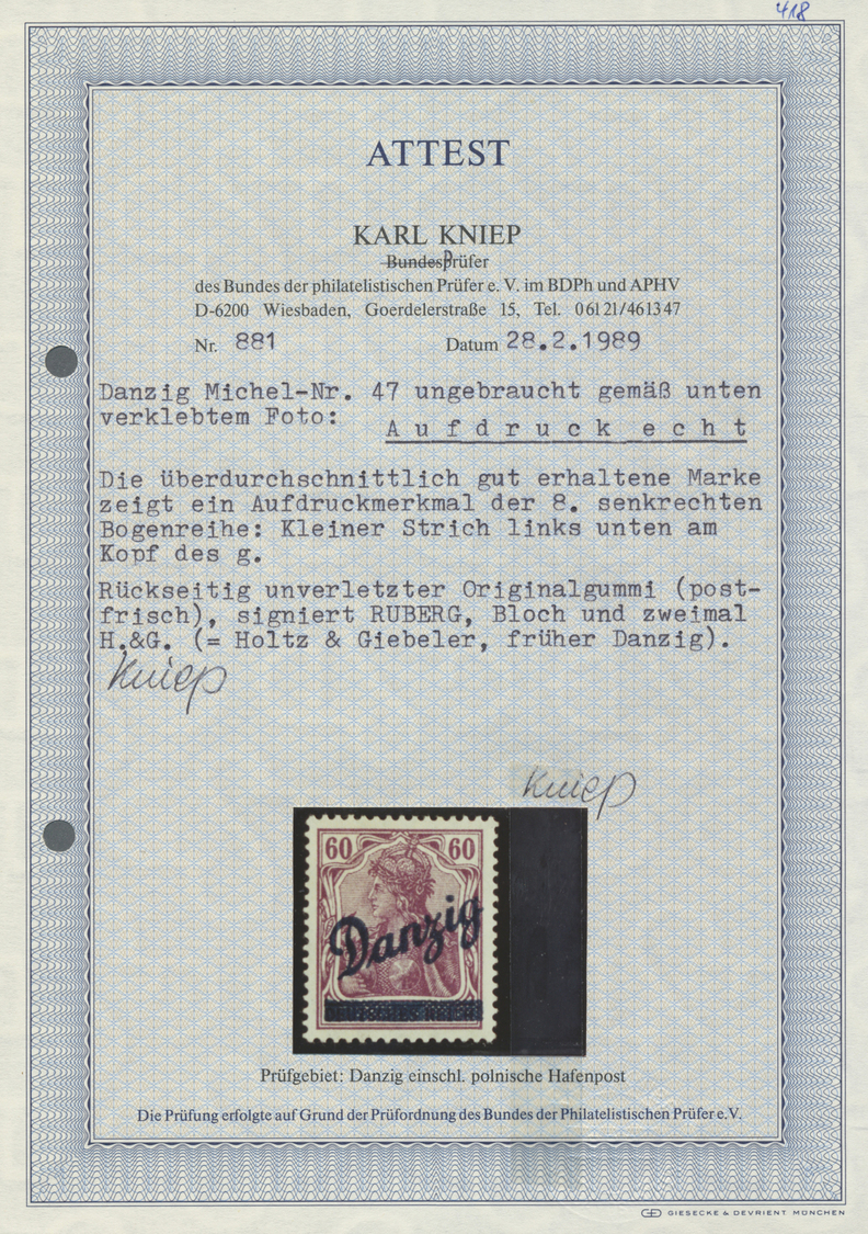 ** Danzig: 1920, 60 Pf &bdquo;Großer Innendienst&rdquo;, Einwandfrei Postfrisches Exemplar, Fotoattest Kniep BPP (1 - Autres & Non Classés