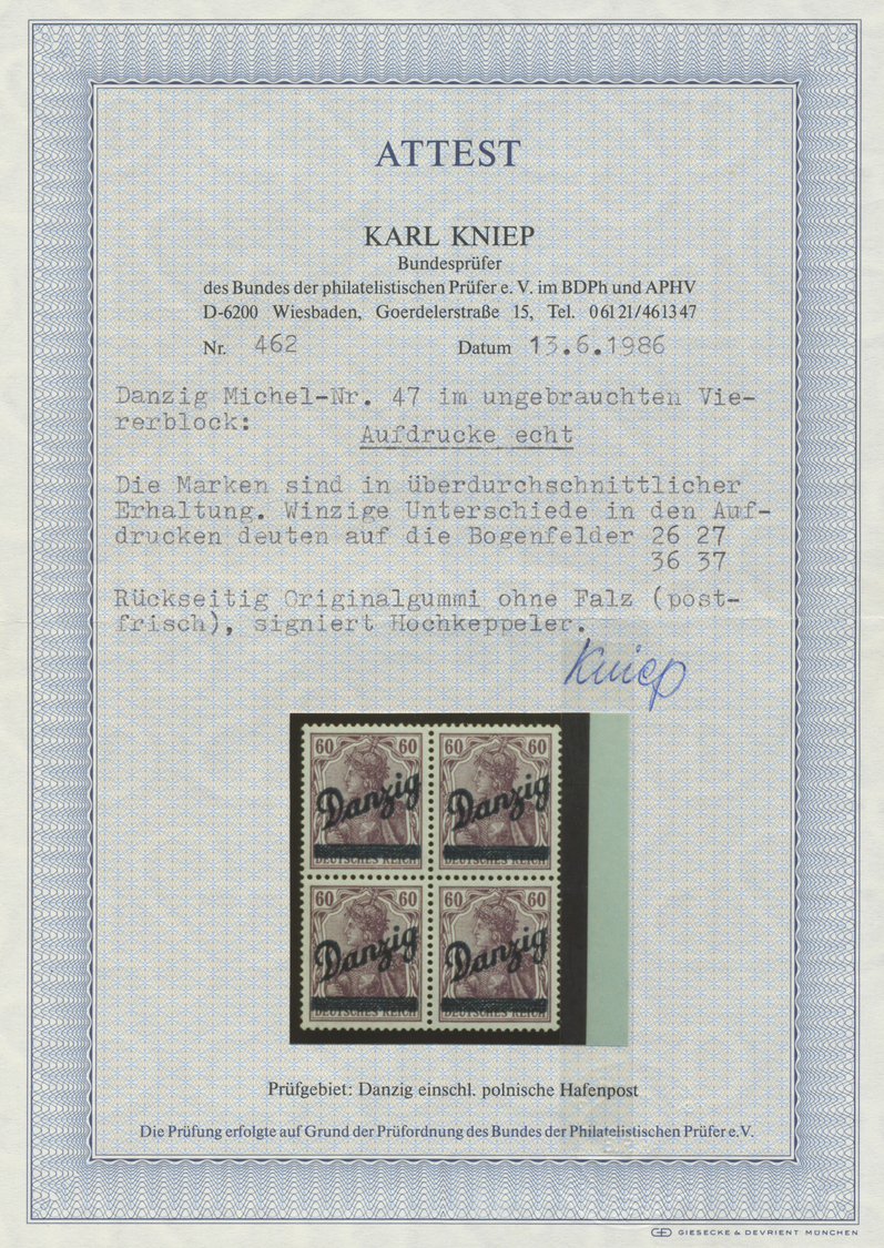 **/ Danzig: 1920, 60 Pfg. "Großer Innendienst", Einwandfrei Postfrischer Viererblock, Signiert Hochkeppe - Other & Unclassified