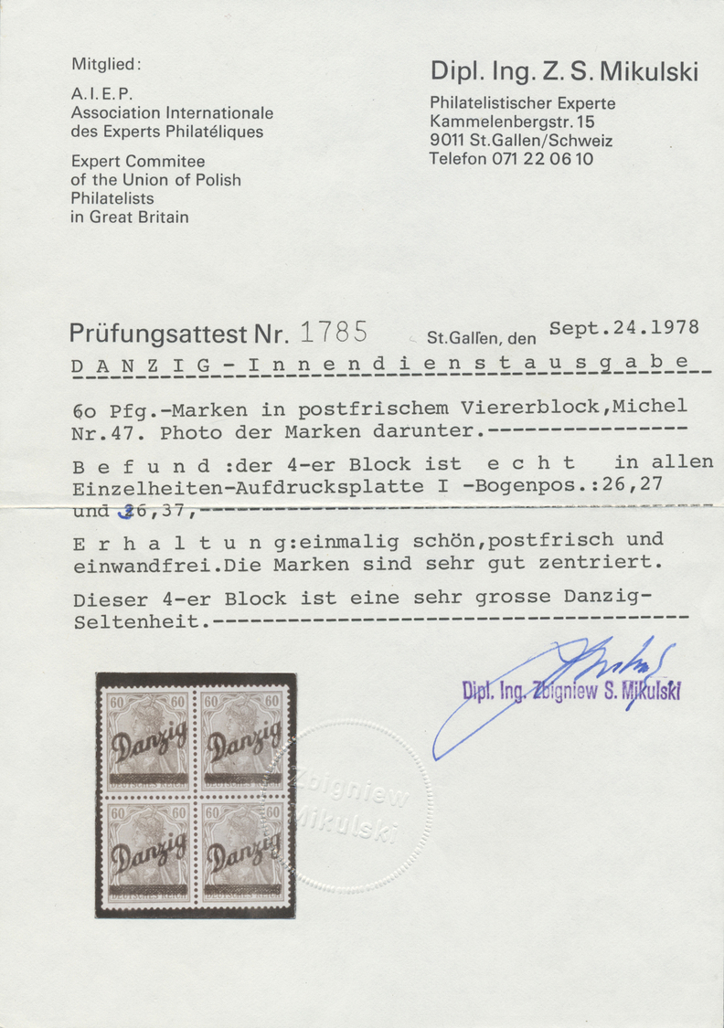 **/ Danzig: 1920, 60 Pfg. "Großer Innendienst", Einwandfrei Postfrischer Viererblock, Signiert Hochkeppe - Other & Unclassified