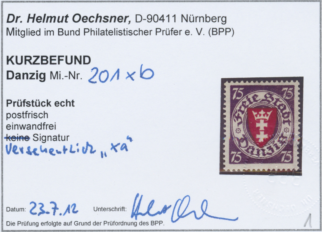 ** Danzig: 75 Pfg. Wappen Dunkelviolettpurpur/dunkelrosa Auf Weiß, Postfrisch Pracht, Kurzbefund Oechsn - Andere & Zonder Classificatie