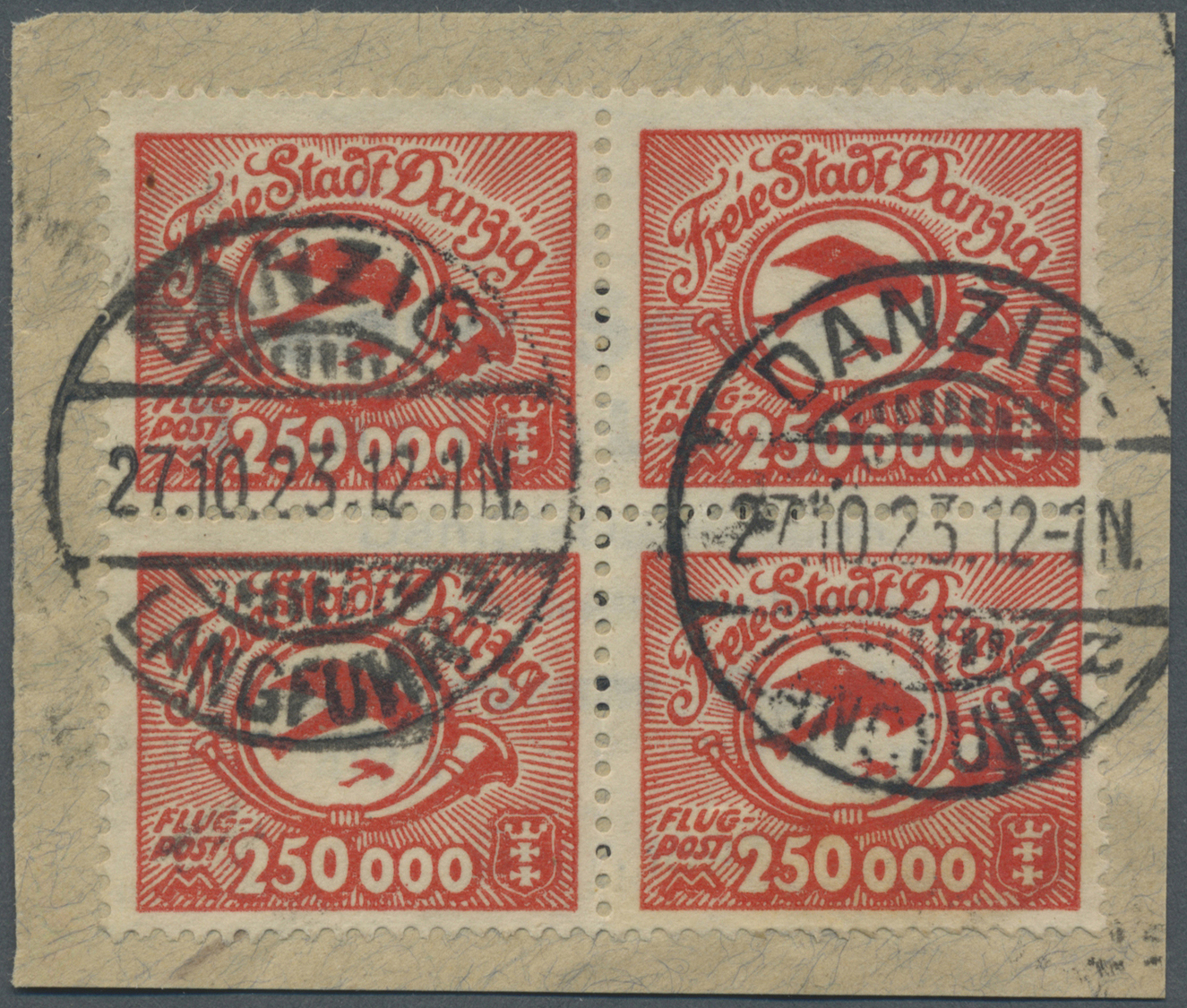 Brfst/ Danzig: 1923, Flugpostmarke 250 000 Mark Lebhaftrot, Im Viererblock Auf Kleinem Briefstück, Entwerte - Andere & Zonder Classificatie