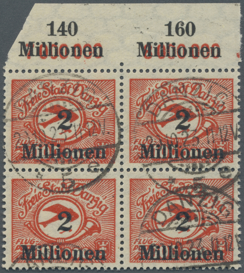 O/ Danzig: 1923, Flugpostmarke 2 Mio Auf 100 000 Mark Lebhaftrot, Im Gestempelten Viererblock Vom Bogen - Autres & Non Classés