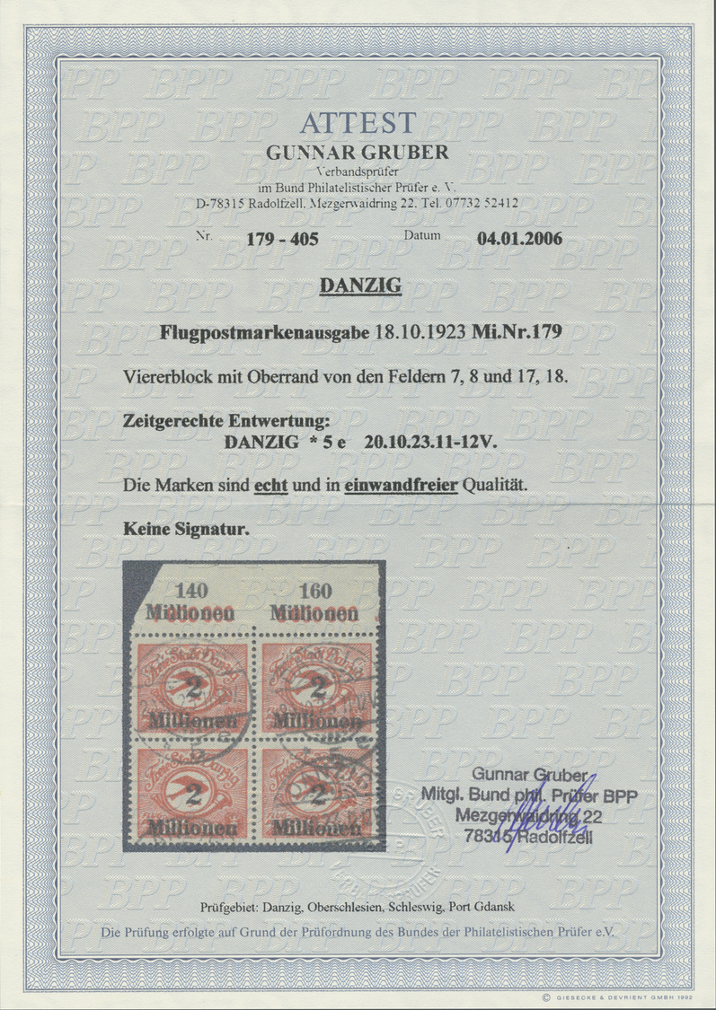 O/ Danzig: 1923, Flugpostmarke 2 Mio Auf 100 000 Mark Lebhaftrot, Im Gestempelten Viererblock Vom Bogen - Andere & Zonder Classificatie